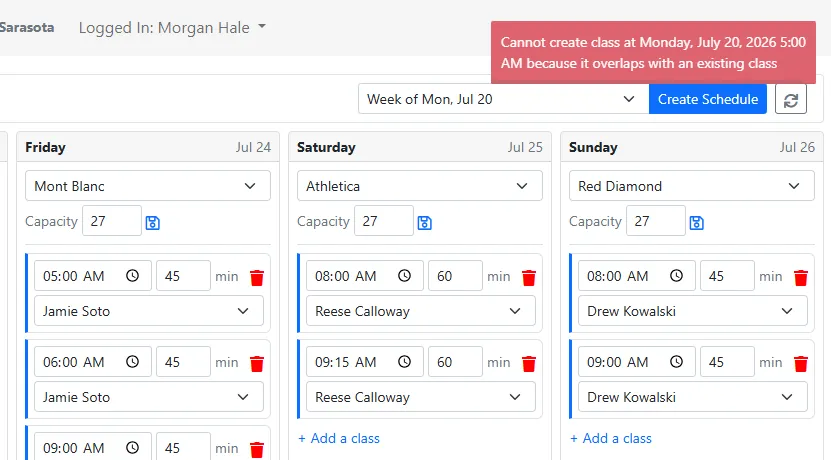A red warning toast: cannot create class at Monday 5:00 AM because it overlaps with an existing class