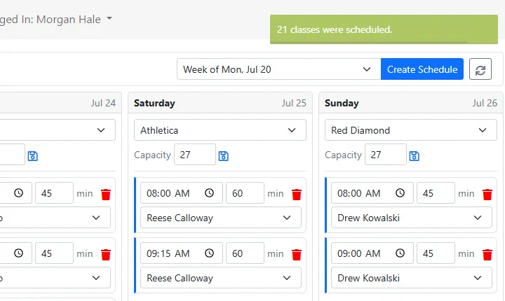 The Create Schedule button with a success message: 21 classes were scheduled