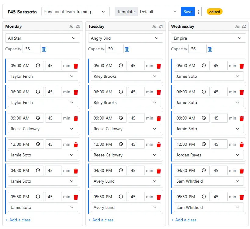 The Scheduler grid with the Default template loaded — class types, times, and coaches filled in for Monday through Wednesday