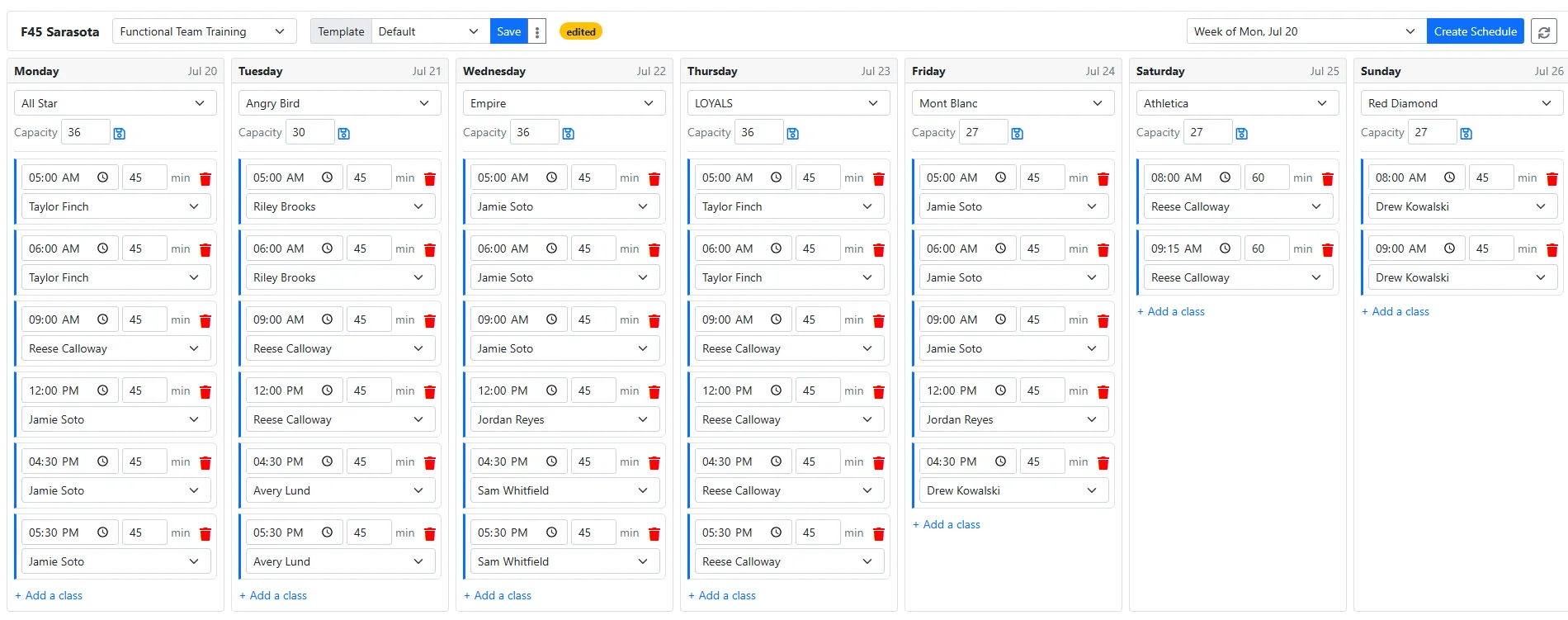 OneLead Scheduler: a full week of classes laid out Monday through Sunday, each with its time, length, and coach